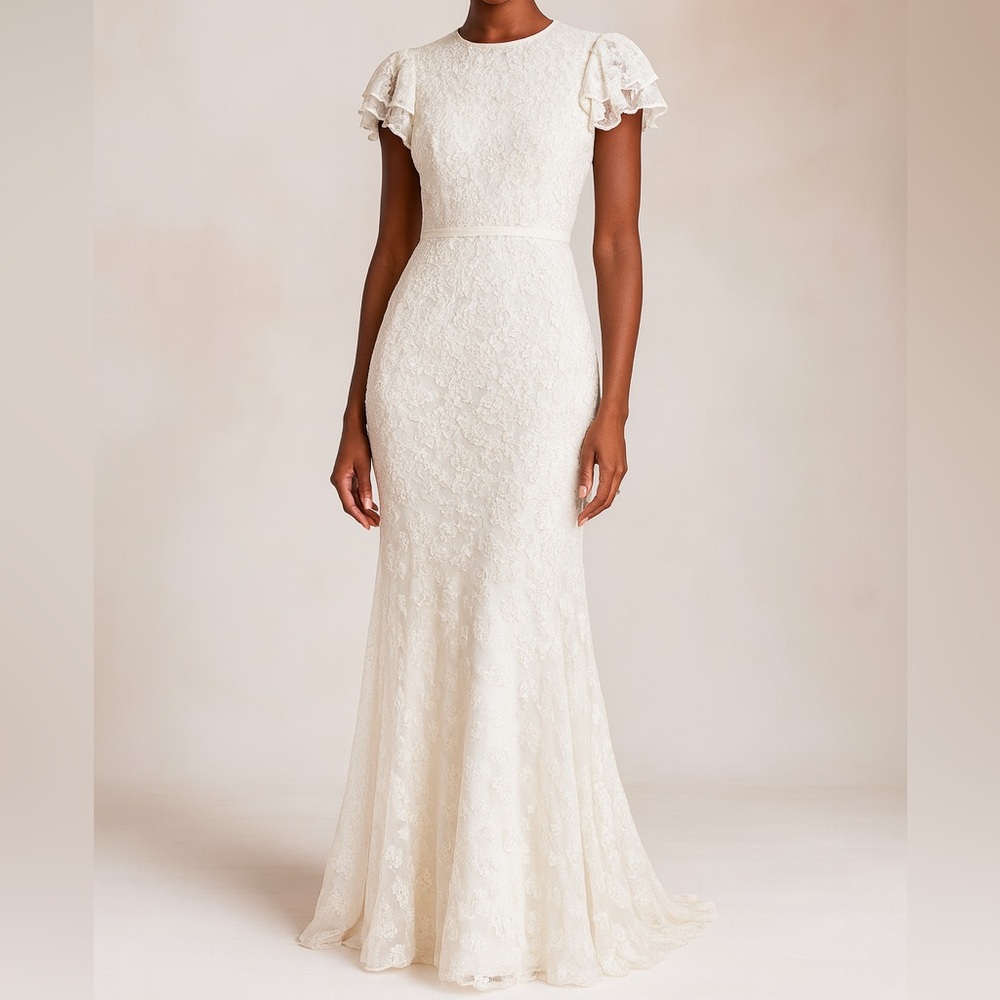 Mac Duggal Light Ivory Flutter-Sleeve Gown Elegant Formal Maxi Dress SZ 6 - Picture 1 of 17